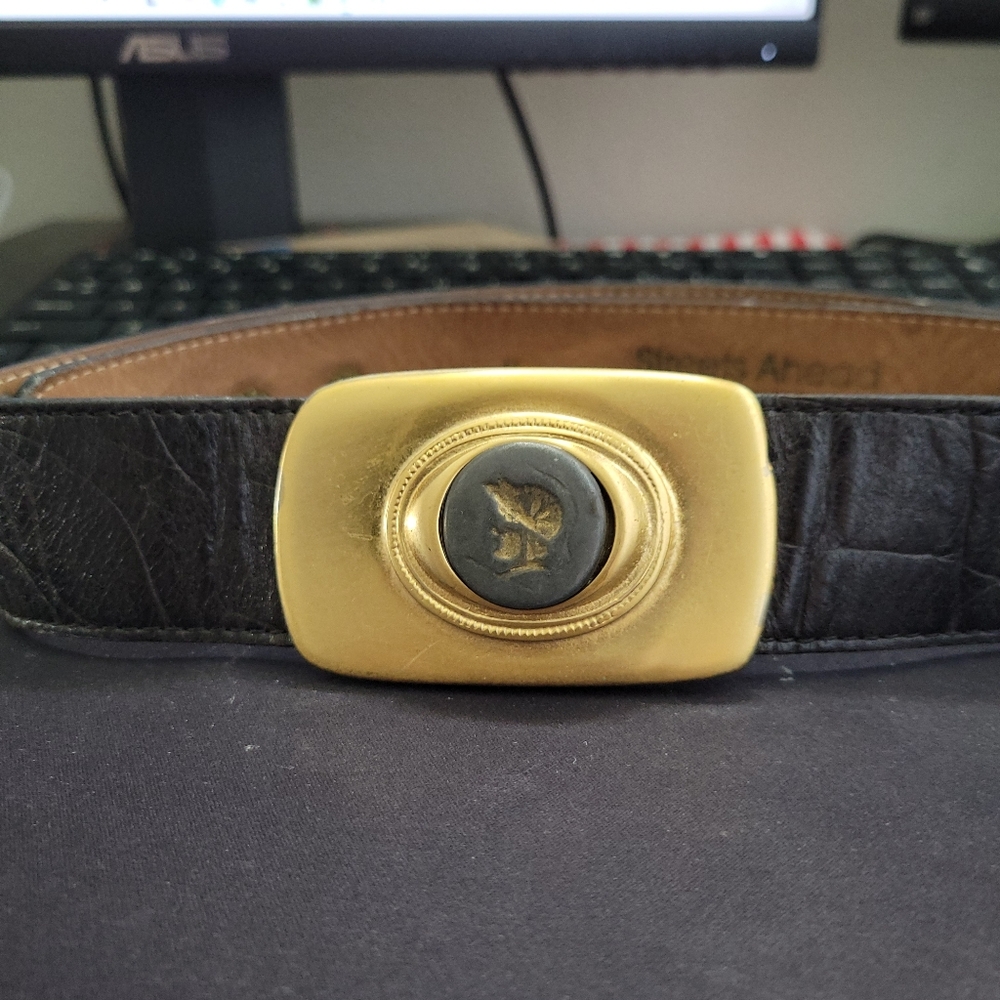Rare Vintage Streets Ahead Hand Made Black Leather Belt With Brass Buckle Size M